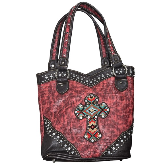 American Bling Handbags - American Bling Western Cross Shoulder Bag Red Croc Embossed Rhinestone Studded